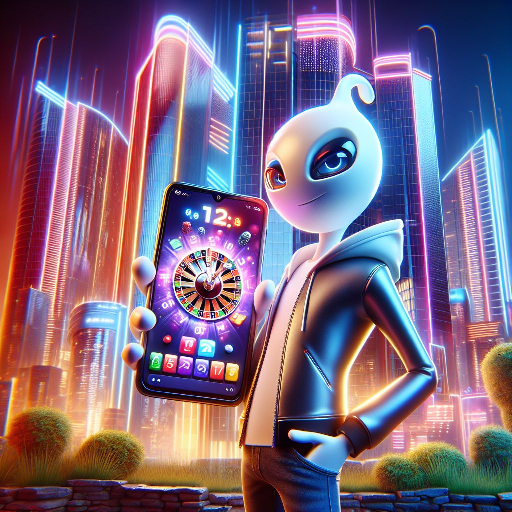 TK7777 App mobile gaming cartoon character holding a smartphone with casino games