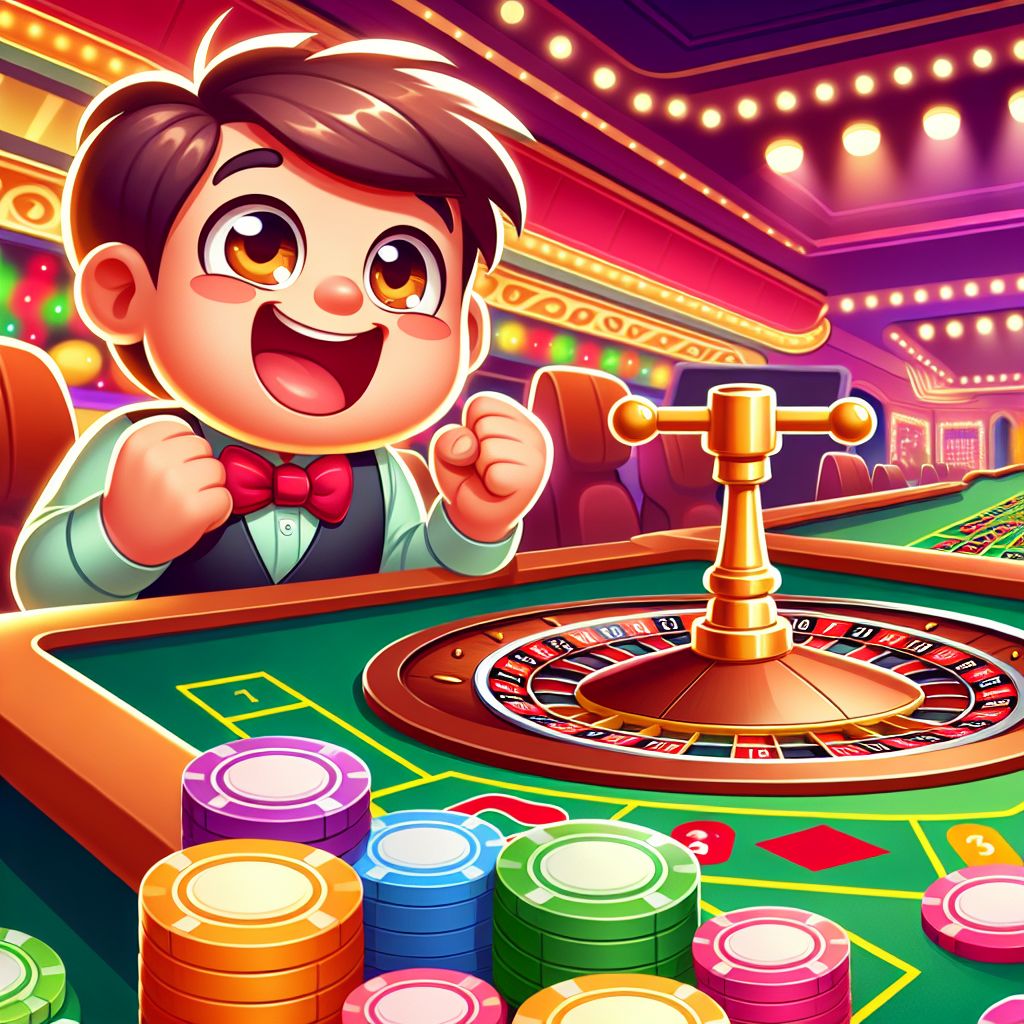 Cartoon character winning chips at TK7777 Casino table