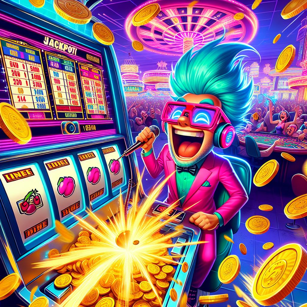 Cartoon character hitting a massive jackpot on TK7777 Slots